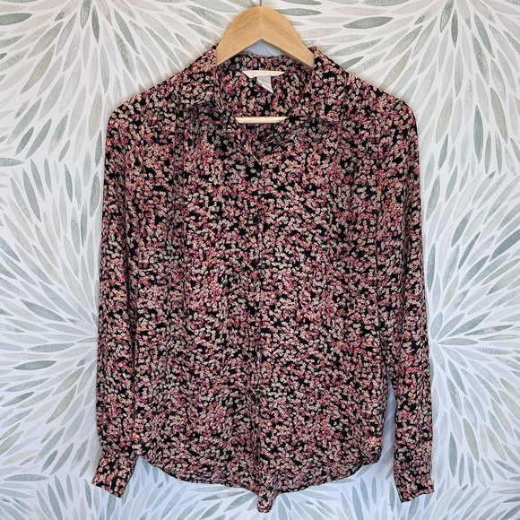 H&M Black Yellow Pink Floral Oversized Button Down Shirt Sz XS - Picture 1 of 7